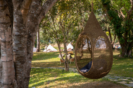 wicker furniture. Hanging chair swing outdoors in park., rattan sofa, seatの写真素材