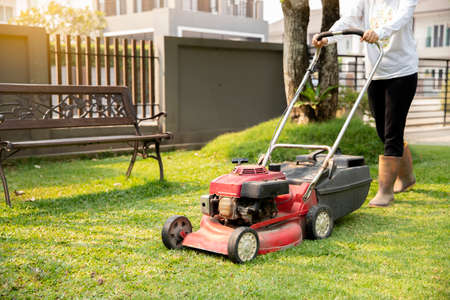 Garden work on the care of the lawn. A woman mows the lawn using an electric pushing lawn mower.. cleaning conceptの写真素材