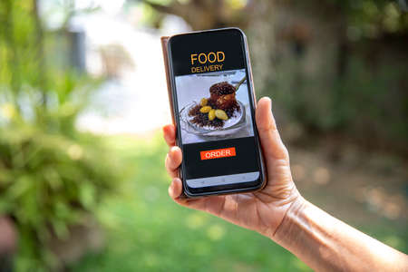 Food delivery app in mobile phone. Restaurant order online. Woman using smartphone to get take away lunch home delivered. Fast courier service. delivery serviceの写真素材