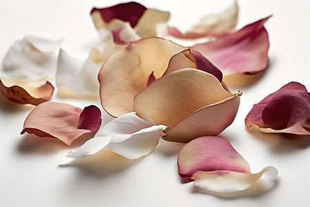 Dried rose petals on white background, closeup. Space for textの写真素材