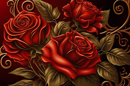 Illustration of red roses on a dark background with golden ornamentsの写真素材