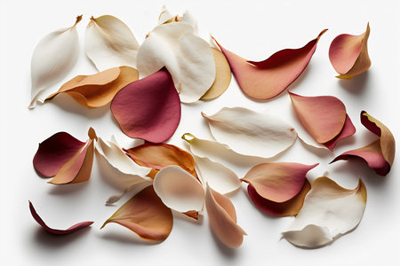Rose petals on a white background. Flat lay, top view.の写真素材