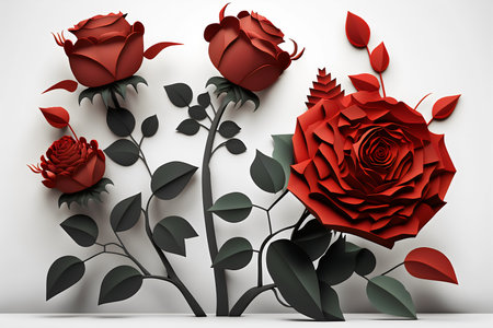 3d illustration, red roses with leaves on a white background.の写真素材