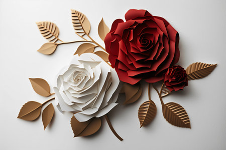 3d render of red and white rose with golden leaves on white backgroundの写真素材