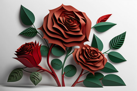 3d illustration of red rose with green leaves on white background.の写真素材