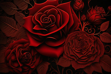 Red roses on a black background. Floral background. 3d illustrationの写真素材