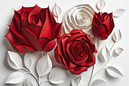 Red and white paper roses on white background. 3D illustration.の写真素材