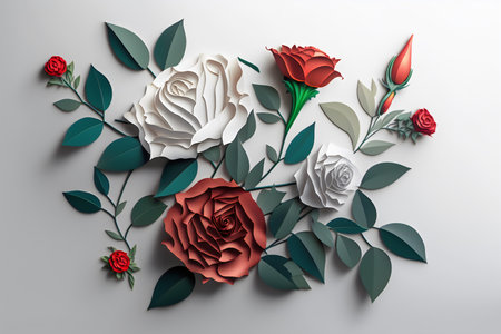 3d illustration of white and red roses with leaves on gray backgroundの写真素材