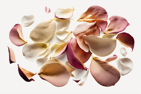 Rose petals isolated on white background. Top view. Flat lay.の写真素材