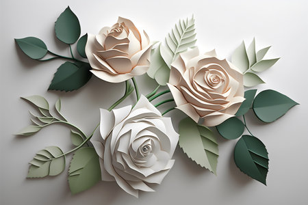 Paper roses with green leaves on white background. 3D illustration.の写真素材