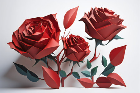 Red roses with leaves on a white background. 3d rendering.の写真素材