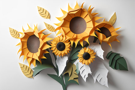 Sunflower origami on white background. 3D illustration. Copy-space.の素材