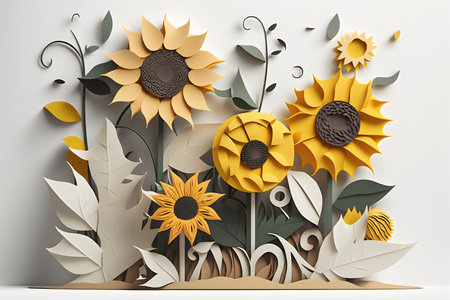 3d render of sunflowers with leaves in paper cut styleの素材