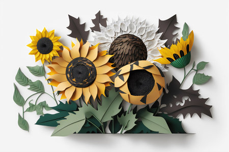 Paper cut sunflowers and leaves on white background. illustrationの素材