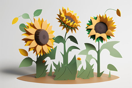 three sunflowers with leaves on a light background. 3d renderingの素材