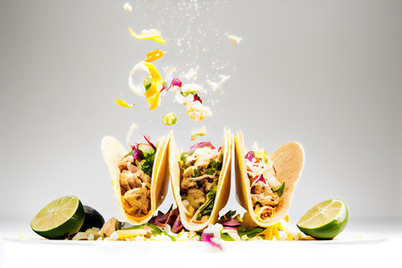 Tacos with meat and vegetables flying in the air over white backgroundの素材