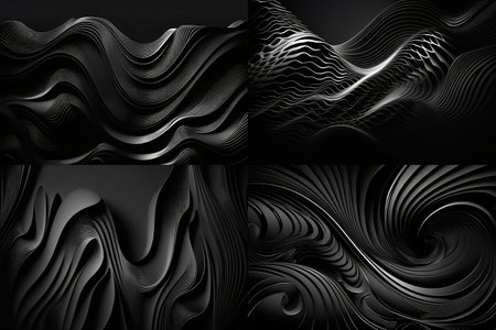 Set of black abstract wavy backgrounds. 3d render, 3d illustration.の素材