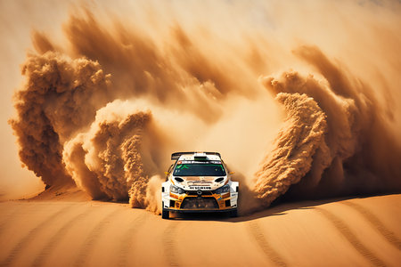 Racing car drifting in the desert with dust and smoke around.の素材