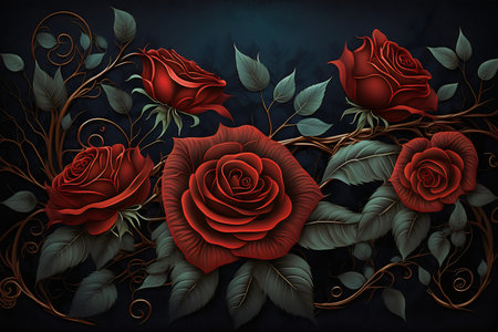 Beautiful red roses on a dark blue background, vector illustration.の素材