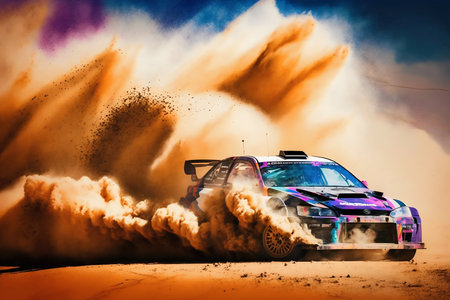 racing car on the race track with explosion and dust cloud backgroundの素材
