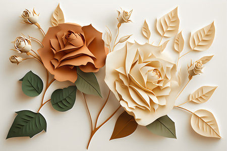 3d render of beige and orange roses with leaves on white backgroundの素材