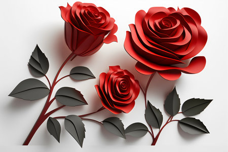 Red roses on white background. 3D illustration. Top view.の素材