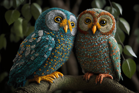 Two owls sitting on a tree branch in the forest. Close up.の素材