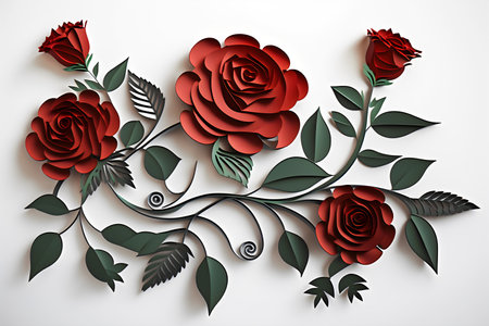 3D illustration of red roses with green leaves on white background.の素材