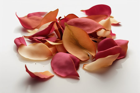 Rose petals on white background. Shallow depth of field.の素材