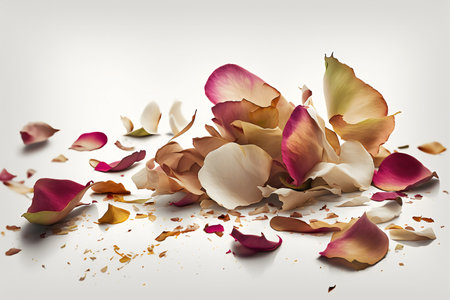 Dried rose petals on a white background with copy space.の素材