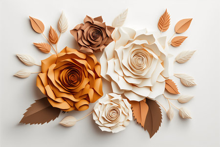 3d render of beige and orange paper flowers with leaves on white backgroundの素材
