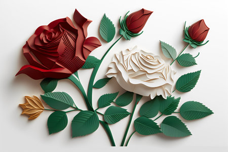 White and red roses with leaves on white background. 3d illustrationの素材