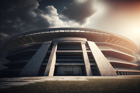 3D render of a modern football stadium under dramatic sky with cloudsの素材