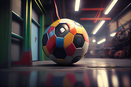 Soccer ball in the corner of the hall. 3d renderingの素材