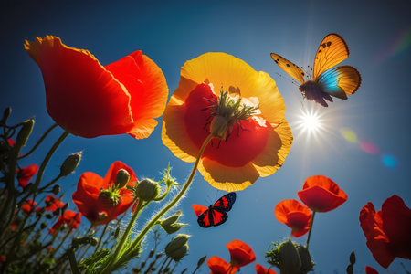 Red poppies and butterfly on blue sky background with sun raysの写真素材