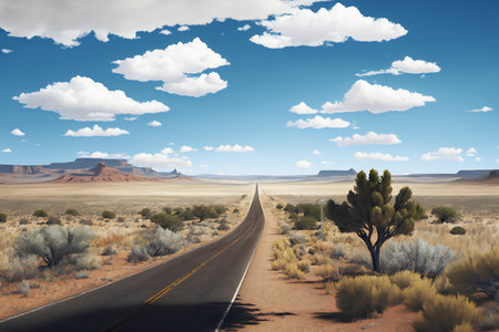 Road in the desert with blue sky and clouds. 3d renderingの写真素材