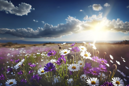 Sunset over the meadow with daisies and purple flowersの写真素材