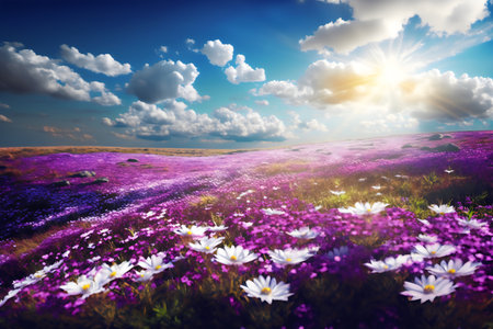 Meadow with blooming purple flowers and blue sky with cloudsの写真素材