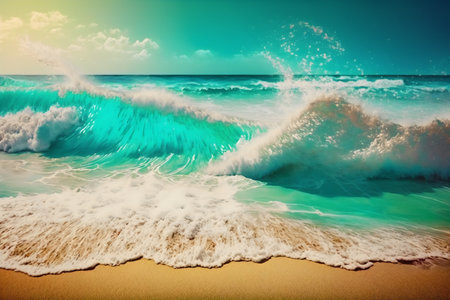 Tropical beach with turquoise water and splashing wavesの写真素材
