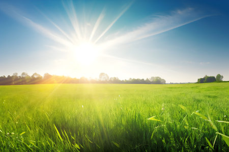 Sunset over green meadow and blue sky. Nature composing.の写真素材