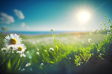 summer meadow with daisies and sun in the backgroundの写真素材