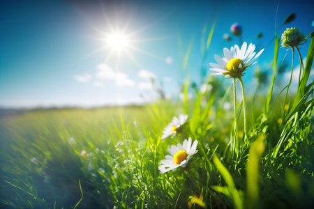Beautiful daisies on a sunny meadow. nature backgroundの写真素材