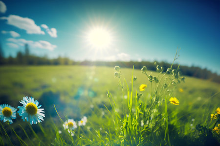 Beautiful spring meadow with daisies and sun on backgroundの写真素材