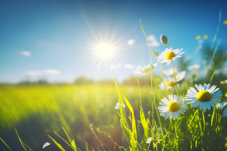 Summer meadow with daisies and sun in blue sky.の写真素材