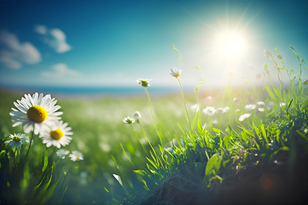 summer meadow with daisies and sun on blue skyの写真素材