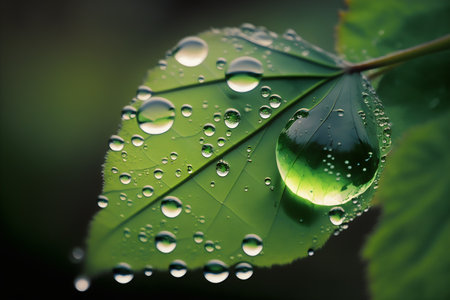 Water droplets on a green leaf. Raindrops on the leaves.の写真素材
