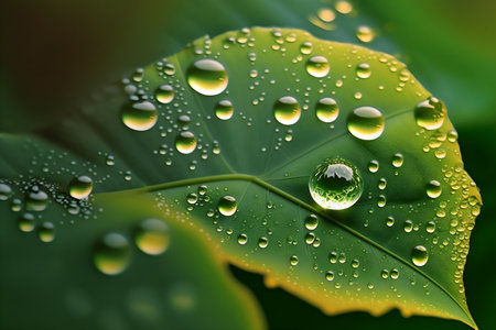 Water droplets on a green leaf. Shallow depth of field.の写真素材