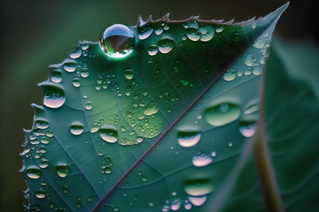 Water droplets on a leaf in the morning. Shallow depth of field.の写真素材