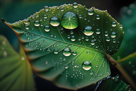 Water droplets on a green leaf after the rain in the morningの写真素材