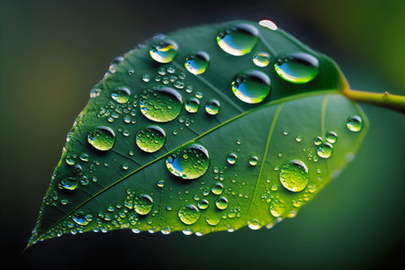 Water drops on green leaf macro close up. Beautiful nature background.の写真素材
